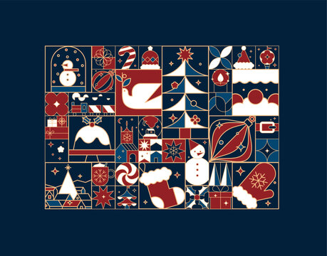 Christmas poster art deco in flat line style drawing on blue background.