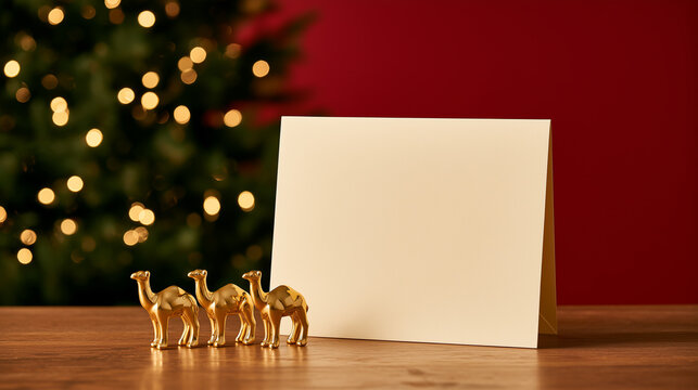 Christmas greeting with blank card and copy space for three kings day celebration with decorative camels and christmas tree on wooden table against red background.