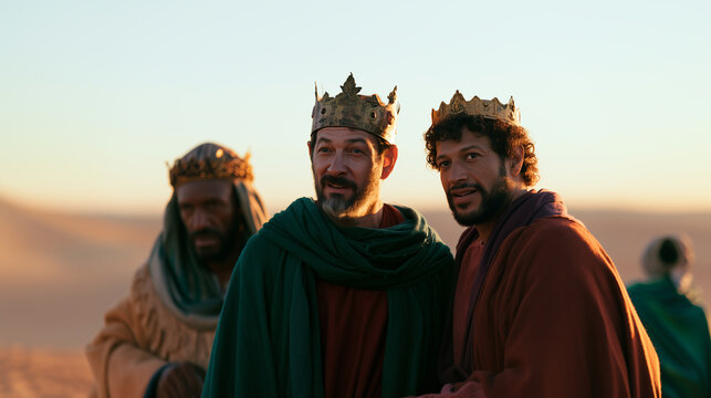 Three wise kings in the desert wearing crowns and traditional robes at sunset during their biblical journey to bethlehem. 