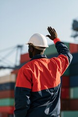 Fototapeta premium Male dock worker signaling at cargo port with white hard hat and red jacket for logistics banner background and freight handling design