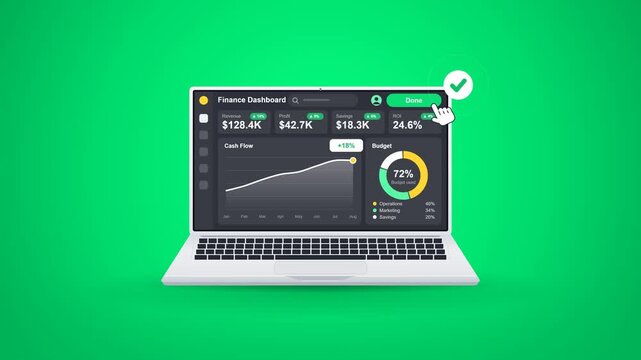 Flat design laptop with a finance dashboard on the screen. A hand cursor clicks the Load Data button, revenue and profit numbers count up, a cash flow chart draws itself, a budget donut chart fills an
