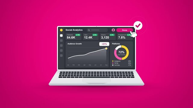 Flat design laptop with a social media analytics dashboard on the screen. A hand cursor clicks the Load Data button, followers and likes counters count up, an audience growth chart draws itself, a pla