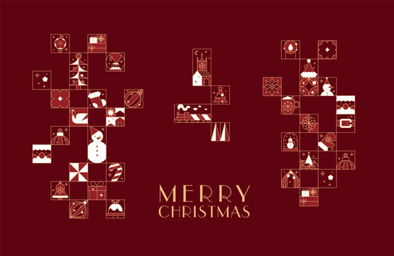 Poster art deco with lettering merry christmas in flat line style drawing on red background.