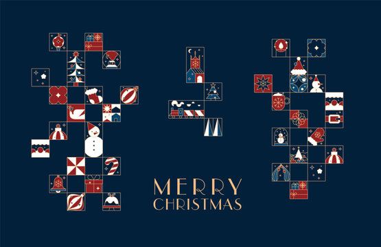 Poster art deco with lettering merry christmas in flat line style drawing on blue background.