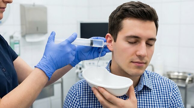A medical using a large syringe to flush and clean ear wax from a male patient ear in clinic cleaning