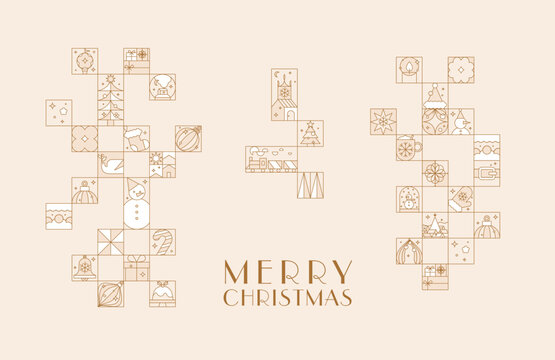 Poster art deco with lettering merry christmas in flat line style drawing on beige background.