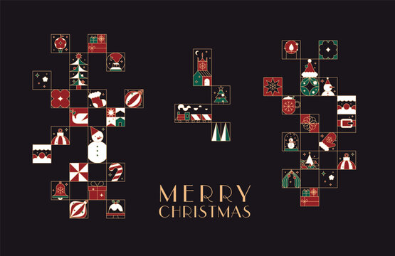 Poster art deco with lettering merry christmas in flat line style drawing on black background.