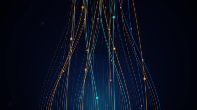 Neon data streams rising from curved base on dark blue background abstract technology telecom seamless loop 4k