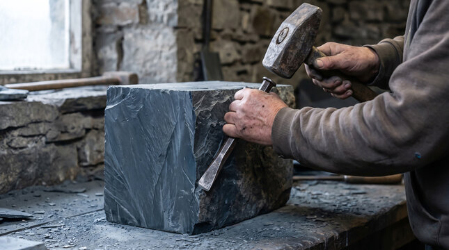 Craftsman Shaping Large Slate Block with Hammer and Chisel in Workshop