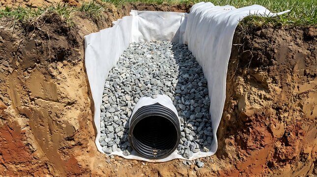 Drainage trench dug in soil lined with white geotextile fabric and filled with gravel and a black pipe