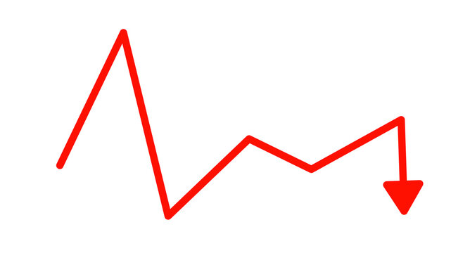 Red line graph showing a downward trend isolated on transparent background