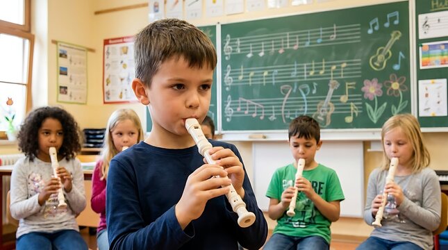 Young boy playing a wooden recorder flute in a music with classmates and chalkboard behind music children