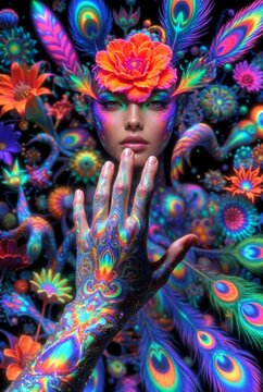 Ritratto surreale psichedelico di donna con fiori neon, piume di pavone e body art luminosa