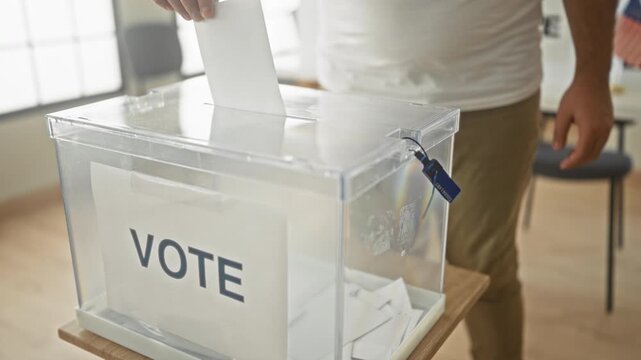 Man inserts ballot paper into transparent voting box on a wooden table in a public building with visible blue security seal and nearby chairs; civic duty.