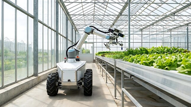 Automated robotic vehicle moving between hydroponic plant tables inside a large greenhouse agriculture