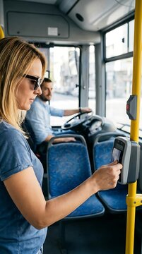 Blonde woman paying bus fare with smartphone at contactless validator machine inside public transport
