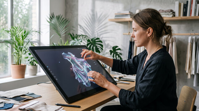 Young female fashion designer working on 3D digital illustration on a large touch screen graphics tablet in a modern studio