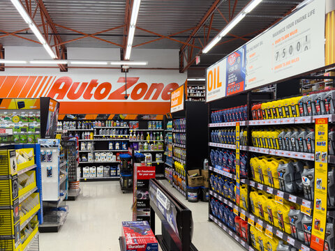 Aubrey, Texas, USA - September 22nd, 2026: AutoZone retail store interior showing motor oil aisles inside