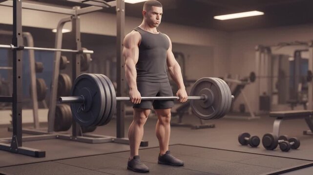 Stylized muscular male character lifting heavy weight with proper form for bodybuilding guide, gym promotion, and wellness animation