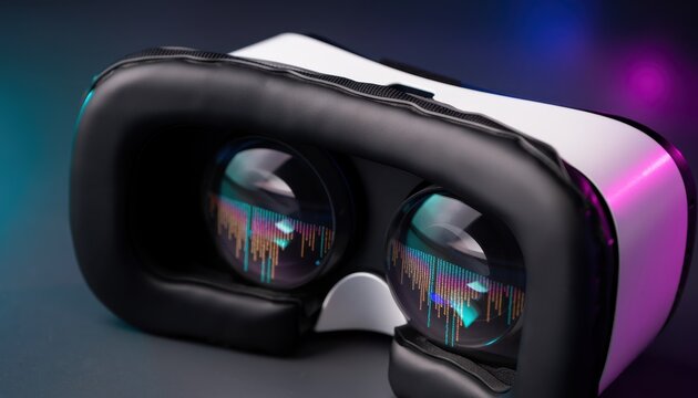 Virtual Reality Headset with Abstract Reflection: A close-up view of a virtual reality headset, its lenses reflecting a colorful, abstract digital world.