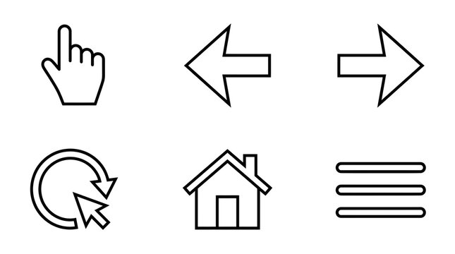 Black Line Navigation Icons Set with Pointing Hand, Left Arrow, Right Arrow, Refresh Cursor, Home and Hamburger Menu