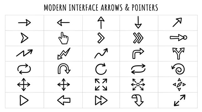 Modern Interface Arrows and Pointers Set with Hand Drawn Doodle Directional, Curved, Refresh, Expand and Cursor Arrows