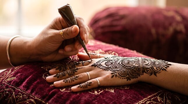 Artist applying intricate henna tattoo design on a woman's hand with a cone