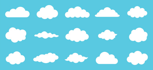 Fototapeta premium Collection of diverse white cloud icons in various shapes and sizes. weather symbols set on blue background. vector illustration