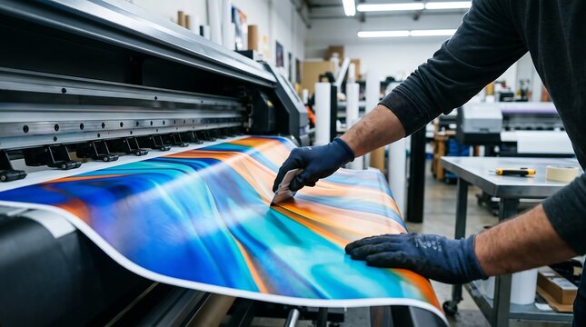 Worker applies a colorful abstract design to a large format printer
