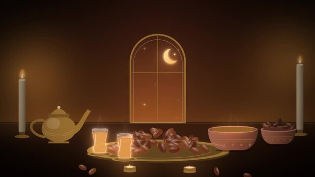 Ramadan iftar table with dates tea and candles by an arched window