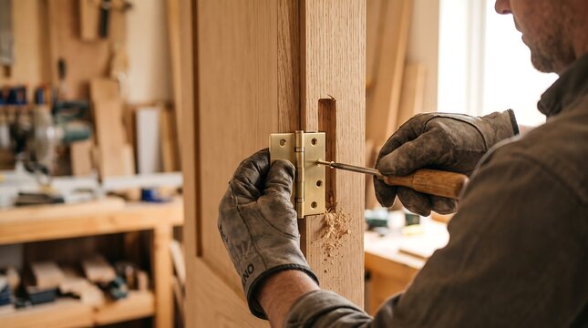 Carpenter installing a brass hinge on a wooden door in a workshop