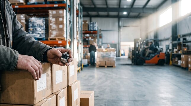 Warehouse worker counting inventory with a tally counter near stacked boxes