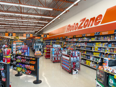 Aubrey, Texas, USA - September 22nd, 2026: AutoZone store floor with product displays and numbered aisles inside