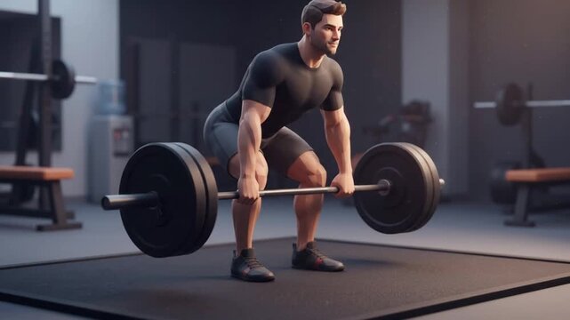 Animated 3D man performing barbell deadlift for fitness tutorial, strength training presentation, and health video project