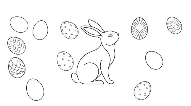 Cute bunny rabbit surrounded by decorated easter eggs in a black and white sketch
