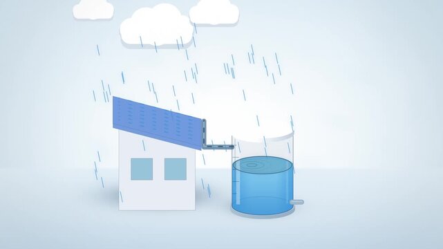 Rainwater harvesting from house roof into blue tank on white