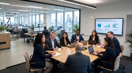 Plakat Diverse business team collaborates in modern office meeting room with city view