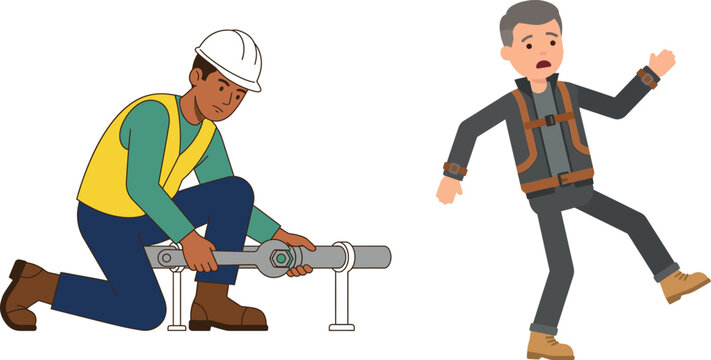 Gas leak emergency with repairman fixing pipe and surprised pedestrian reacting