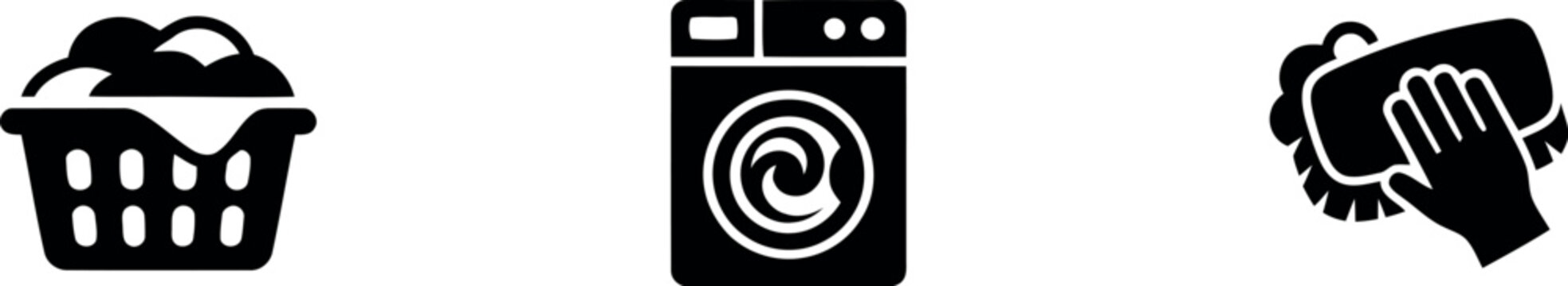 Laundry cycle icons depicting dirty clothes washing machine and clean folded garments