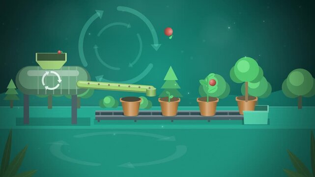 Food waste composting cycle growing plants on teal seamless loop