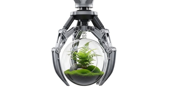 Robotic mechanical claw holding fragile glass terrarium with green plants