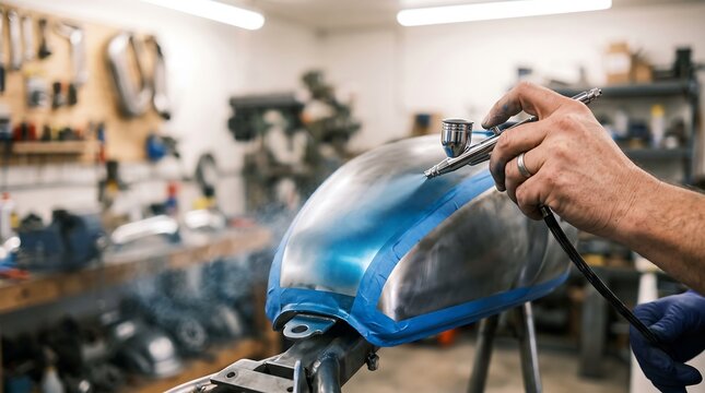 Close up of a person airbrushing a motorcycle gas tank in a workshop