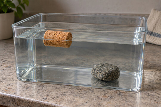 Floating cork and submerged stone in a water container