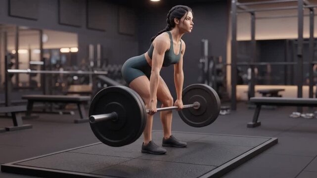 Stylized female character lifting heavy weight with proper form for bodybuilding guide, gym promotion, and wellness animation