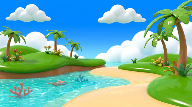 Cartoon tropical island with palm trees, turquoise lagoon and sandy beach. Bright 3D seascape illustration. Summer vacation and tropical paradise concept. Travel, leisure and beach design.