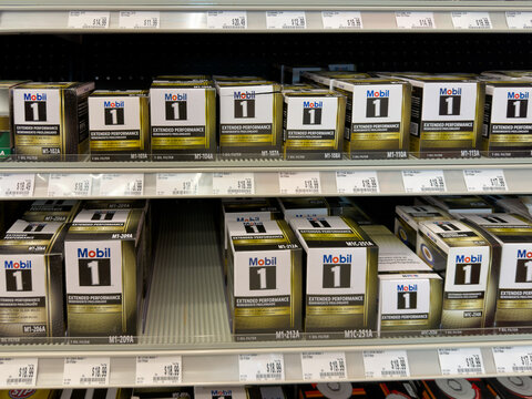 Aubrey, Texas, USA - September 22nd, 2026: Mobil 1 extended performance oil filter boxes standing on shelf inside AutoZone store