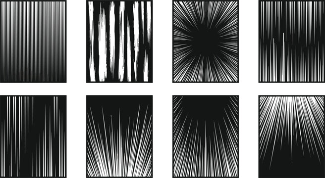 Manga action speedlines background template set featuring eight square comic book motion texture grids