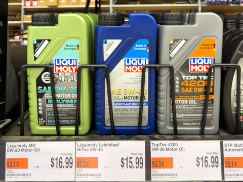 Aubrey, Texas, USA - September 22nd, 2026: Liqui Moly motor oil bottles standing on shelf inside AutoZone store