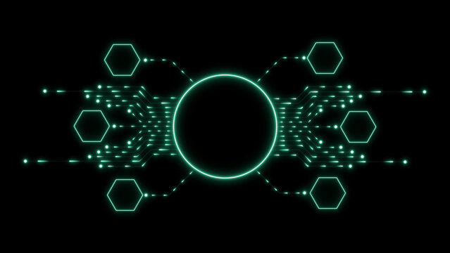 Abstract digital technology background, with glowing green, circuit lines, hexagonal, nodes, and a, central circular frame, on a black backdrop