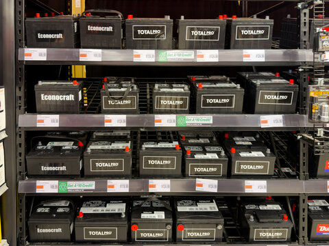 Aubrey, Texas, USA - September 22nd, 2026: Econocraft and TotalPro car batteries displaying inside AutoZone store